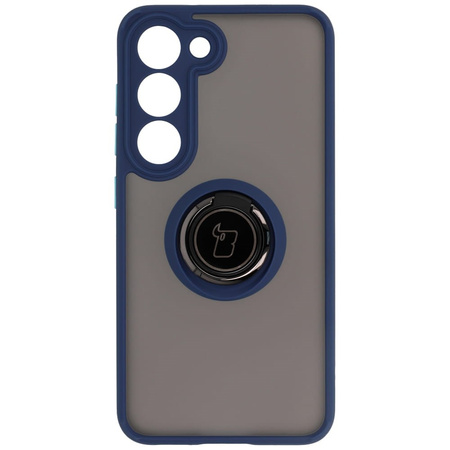 Etui z uchwytem na palec Bizon Case Hybrid Ring do Galaxy S23, przydymione z granatową ramką