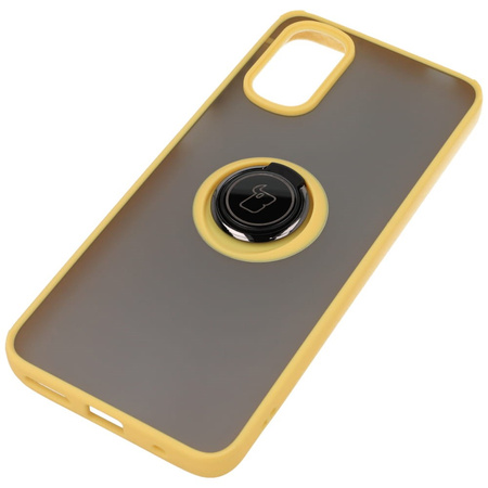 Etui z uchwytem na palec Bizon Case Hybrid Ring do Motorola Moto G22 / E32 / E32s, przydymione z żółtą ramką