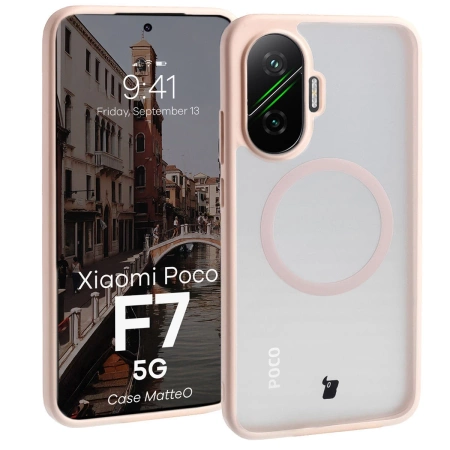 Etui z pierścieniem magnetycznym Bizon Case MatteO do Xiaomi POCO F7, przydymione-różowe