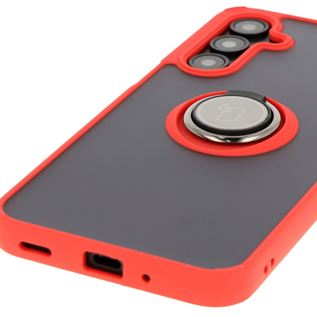 Etui z uchwytem na palec Bizon Case Hybrid Ring do Galaxy A16 4G/5G, przydymione z czerwoną ramką