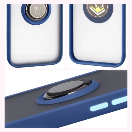 Etui z uchwytem na palec Bizon Case Hybrid Ring do iPhone 16e, przydymione z granatową ramką