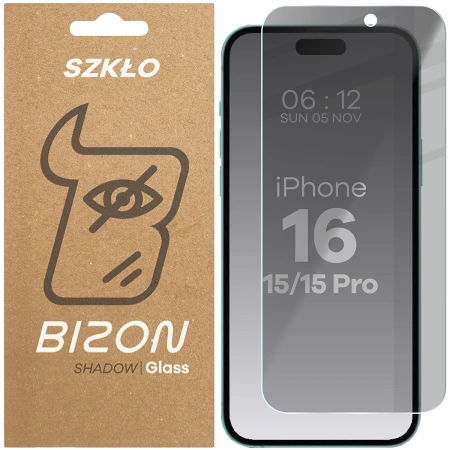 Prywatyzujące szkło hartowane Bizon Glass Clear Shadow do  iPhone 16/15/15 Pro, przyciemniane