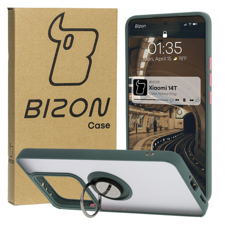 Etui z uchwytem na palec Bizon Case Hybrid Ring do Xiaomi 14T, przydymione z ciemnozieloną ramką