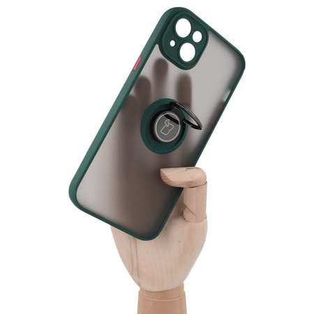 Etui z uchwytem na palec Bizon Case Hybrid Ring do iPhone 14 Plus, przydymione z ciemnozieloną ramką