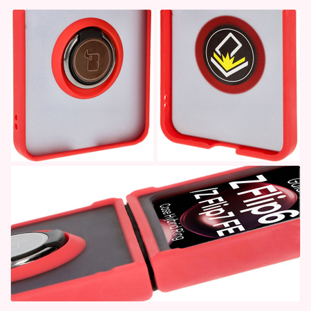 Etui z uchwytem na palec Bizon Case Hybrid Ring do Galaxy Z Flip7 FE / Z Flip6, przydymione z czerwoną ramką