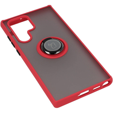 Etui z uchwytem na palec Bizon Case Hybrid Ring do Galaxy S22 Ultra, przydymione z czerwoną ramką