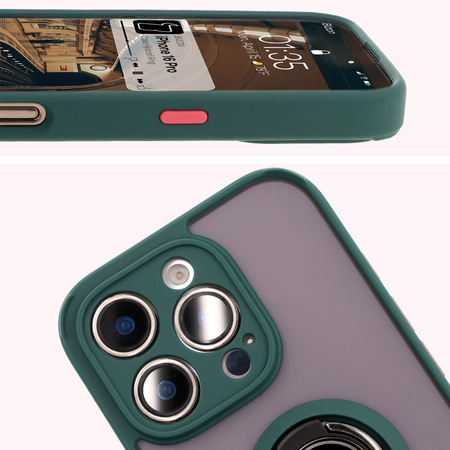 Etui z uchwytem na palec Bizon Case Hybrid Ring do iPhone 16 Pro, przydymione z ciemnozieloną ramką