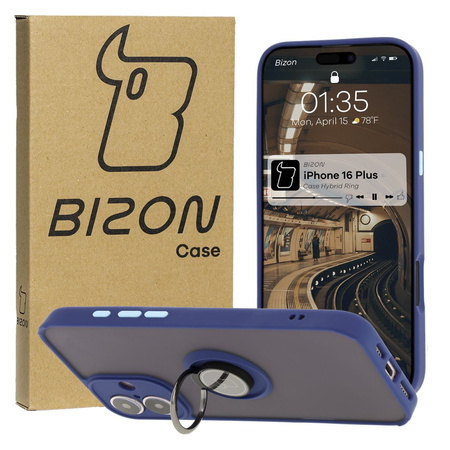 Etui z uchwytem na palec Bizon Case Hybrid Ring do iPhone 16 Plus, przydymione z granatową ramką