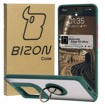 Etui z uchwytem na palec Bizon Case Hybrid Ring do Motorola Edge 50 Ultra, przydymione z ciemnozieloną ramką