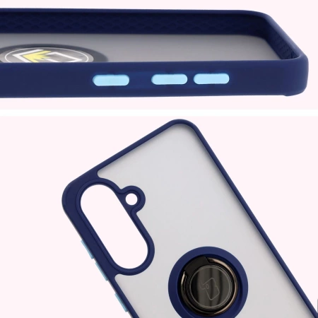 Etui z uchwytem na palec Bizon Case Hybrid Ring do Galaxy A36 5G, przydymione z granatową ramką
