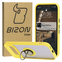 Etui z uchwytem na palec Bizon Case Hybrid Ring do Google Pixel 9 / 9 Pro, przydymione z żółtą ramką