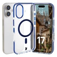 Etui z pierścieniem magnetycznym Bizon Case Marco do iPhone 17, przezroczyste z niebieską ramką