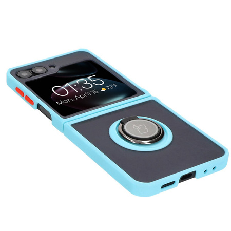 Etui z uchwytem na palec Bizon Case Hybrid Ring do Galaxy Z Flip6, przydymione z jasnoniebieską ramką