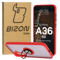 Etui z uchwytem na palec Bizon Case Hybrid Ring do Galaxy A36 5G, przydymione z czerwoną ramką