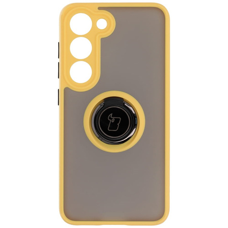 Etui z uchwytem na palec Bizon Case Hybrid Ring do Galaxy S23, przydymione z żółtą ramką