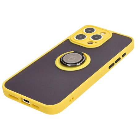 Etui z uchwytem na palec Bizon Case Hybrid Ring do iPhone 15 Pro Max, przydymione z żółtą ramką