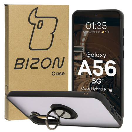 Etui z uchwytem na palec Bizon Case Hybrid Ring do Galaxy A36 5G / A56 5G, przydymione z czarną ramką
