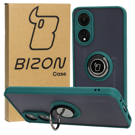 Etui z uchwytem na palec Bizon Case Hybrid Ring do Oppo A78 4G, przydymione z ciemnozieloną ramką
