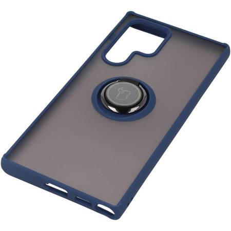 Etui z uchwytem na palec Bizon Case Hybrid Ring do Galaxy S22 Ultra, przydymione z granatową ramką