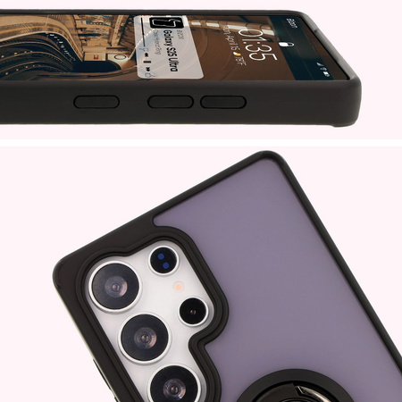 Etui z uchwytem na palec Bizon Case Hybrid Ring do Galaxy S25 Ultra, przydymione z czarną ramką