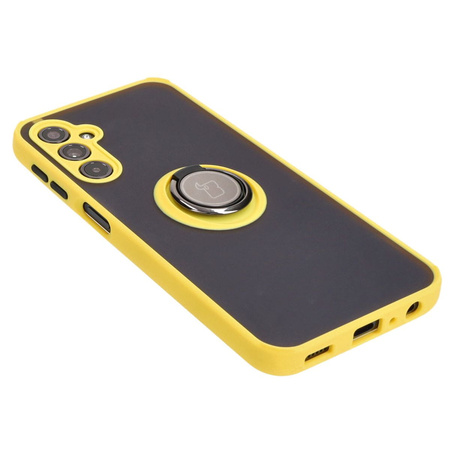 Etui z uchwytem na palec Bizon Case Hybrid Ring do Galaxy M34 5G, przydymione z żółtą ramką