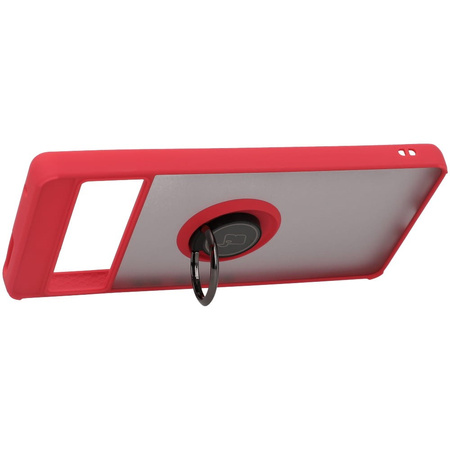 Etui z uchwytem na palec Bizon Case Hybrid Ring do Google Pixel 7 Pro, przydymione z czerwoną ramką