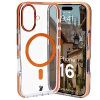 Etui z pierścieniem magnetycznym Bizon Case Marco do iPhone 16, przezroczyste z pomarańczową ramką