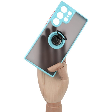Etui z uchwytem na palec Bizon Case Hybrid Ring do Galaxy S23 Ultra, przydymione z jasnoniebieską ramką