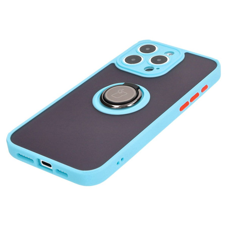 Etui z uchwytem na palec Bizon Case Hybrid Ring do iPhone 15 Pro Max, przydymione z jasnoniebieską ramką