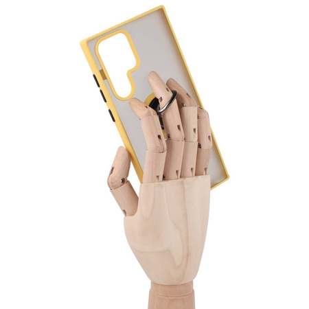 Etui z uchwytem na palec Bizon Case Hybrid Ring do Galaxy S22 Ultra, przydymione z żółtą ramką