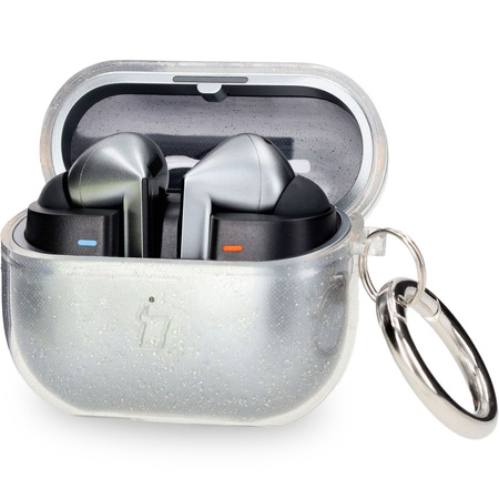 Elastyczne etui z karabińczykiem Bizon Case Headphone Clear do Galaxy Buds 3/3 Pro/3 FE przeźroczysto-brokatowe