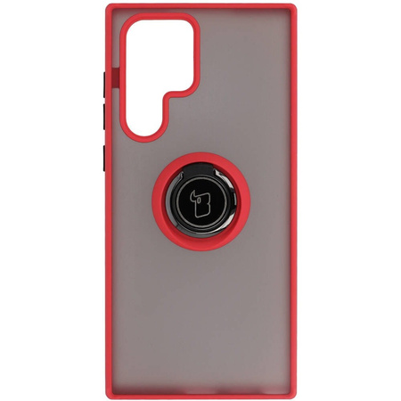 Etui z uchwytem na palec Bizon Case Hybrid Ring do Galaxy S22 Ultra, przydymione z czerwoną ramką