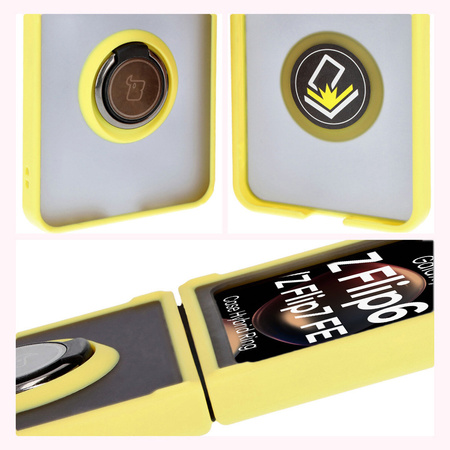 Etui z uchwytem na palec Bizon Case Hybrid Ring do Galaxy Z Flip7 FE / Z Flip6, przydymione z żółtą ramką