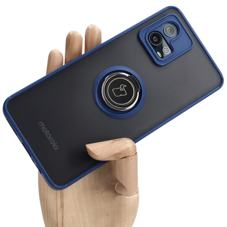 Etui z uchwytem na palec Bizon Case Hybrid Ring do Motorola Moto G72, przydymione z granatową ramką