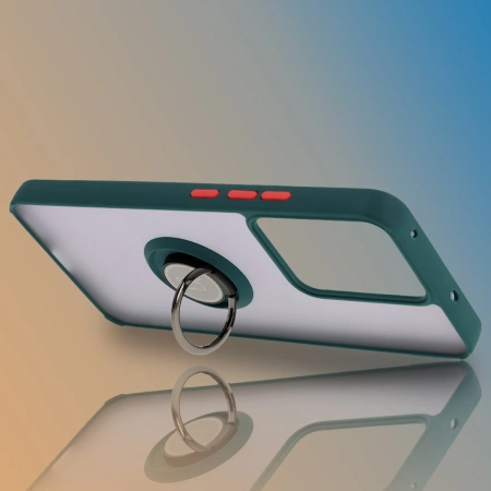 Etui z uchwytem na palec Bizon Case Hybrid Ring do Realme 14 5G / 14T 5G, przydymione z ciemnozieloną ramką