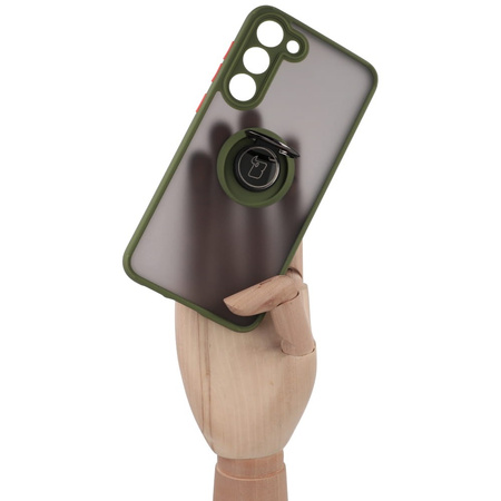 Etui z uchwytem na palec Bizon Case Hybrid Ring do Galaxy S23 Plus, przydymione z zieloną ramką