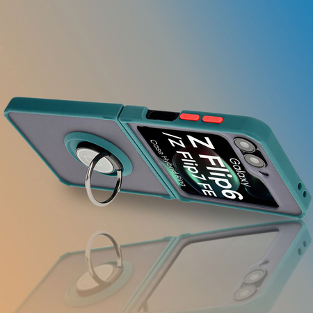 Etui z uchwytem na palec Bizon Case Hybrid Ring do Galaxy Z Flip6, przydymione z ciemnozieloną ramką