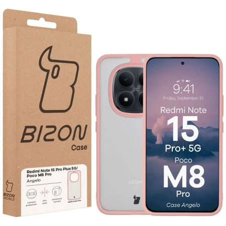 Etui Bizon Case Angelo do Xiaomi Redmi Note 15 Pro Plus 5G / POCO M8 Pro 5G, półprzezroczyste z jasnoróżową ramką