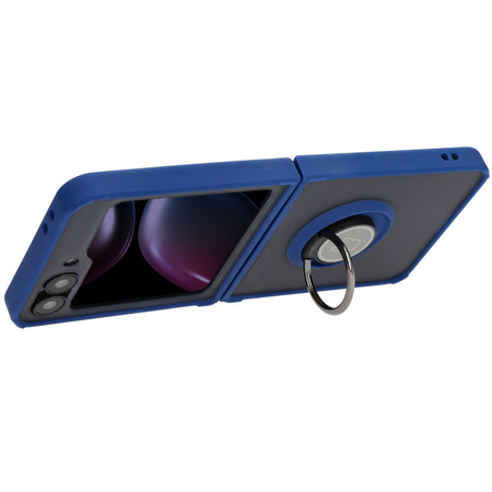 Etui z uchwytem na palec Bizon Case Hybrid Ring do Galaxy Z Flip7 FE / Z Flip6, przydymione z granatową ramką