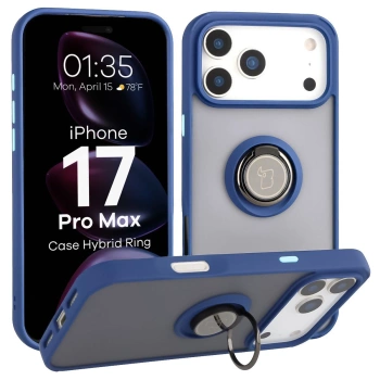 Etui z uchwytem na palec Bizon Case Hybrid Ring do iPhone 17 Pro Max, przydymione z granatową ramką