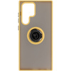 Etui z uchwytem na palec Bizon Case Hybrid Ring do Galaxy S22 Ultra, przydymione z żółtą ramką