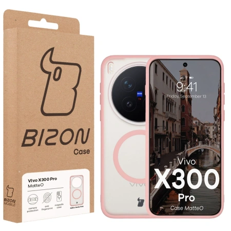 Etui z pierścieniem magnetycznym Bizon Case MatteO do Vivo X300 Pro, przydymione-jasnoróżowe