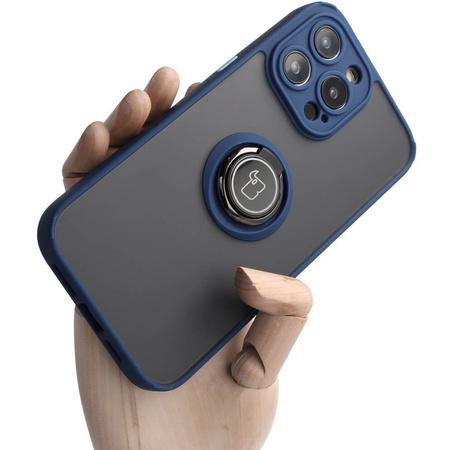 Etui z uchwytem na palec Bizon Case Hybrid Ring do iPhone 14 Pro Max, przydymione z granatową ramką