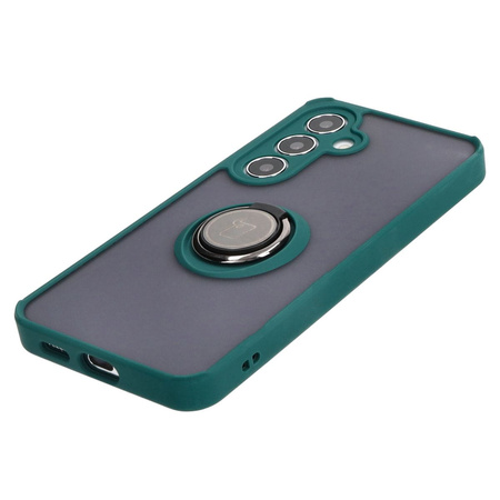 Etui z uchwytem na palec Bizon Case Hybrid Ring do Galaxy S25 / S24, przydymione z ciemnozieloną ramką