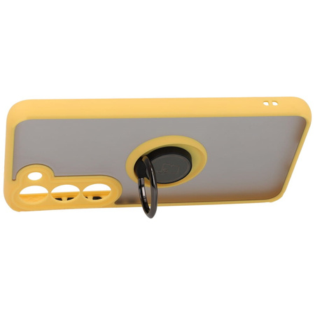 Etui z uchwytem na palec Bizon Case Hybrid Ring do Galaxy S23, przydymione z żółtą ramką