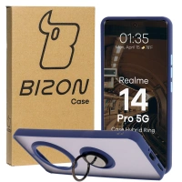 Etui z uchwytem na palec Bizon Case Hybrid Ring do Realme 14 Pro 5G, przydymione z granatową ramką