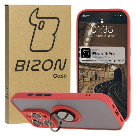 Etui z uchwytem na palec Bizon Case Hybrid Ring do iPhone 16 Pro, przydymione z czerwoną ramką