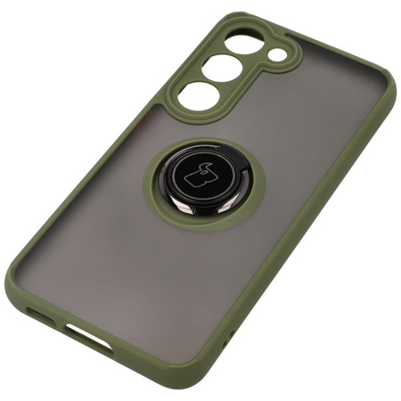 Etui z uchwytem na palec Bizon Case Hybrid Ring do Galaxy S23, przydymione z zieloną ramką