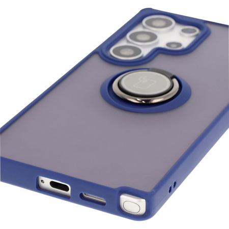 Etui z uchwytem na palec Bizon Case Hybrid Ring do Galaxy S25 Ultra, przydymione z granatową ramką