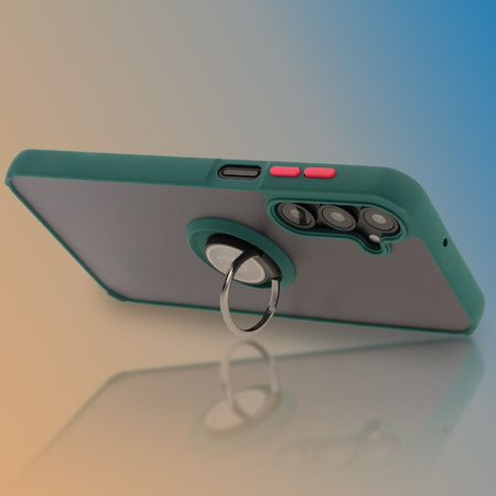Etui z uchwytem na palec Bizon Case Hybrid Ring do Galaxy A16 4G/5G, przydymione z ciemnozieloną ramką